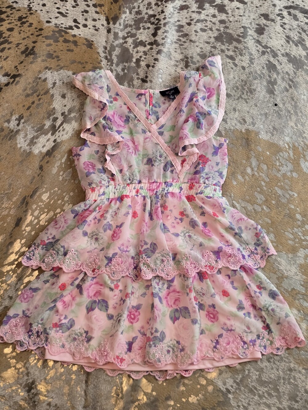 Girls Pink Floral Ruffle Tiered Dress with Eyelet Trim